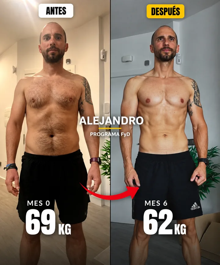 Cambio físico de Alejandro con el Programa Fuerte y Definido: de 69 kg a 62 kg en 6 meses