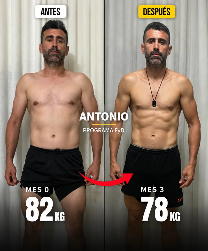 Cambio físico de Antonio con el Programa Fuerte y Definido: de 82 kg a 78 kg en 3 meses