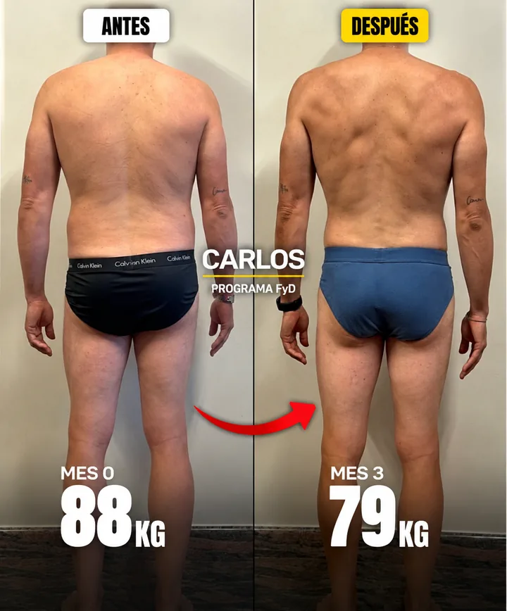 Cambio físico de Carlos con el Programa Fuerte y Definido: de 88 kg a 79 kg en 3 meses