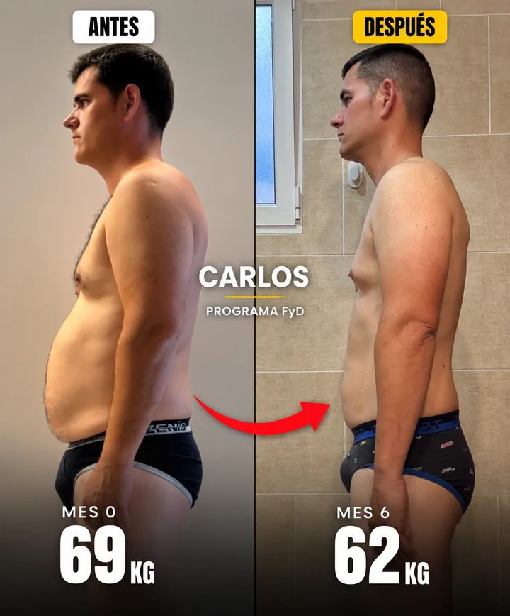 Cambio físico de Carlos con el Programa Fuerte y Definido: de 69 kg a 62 kg en 6 meses