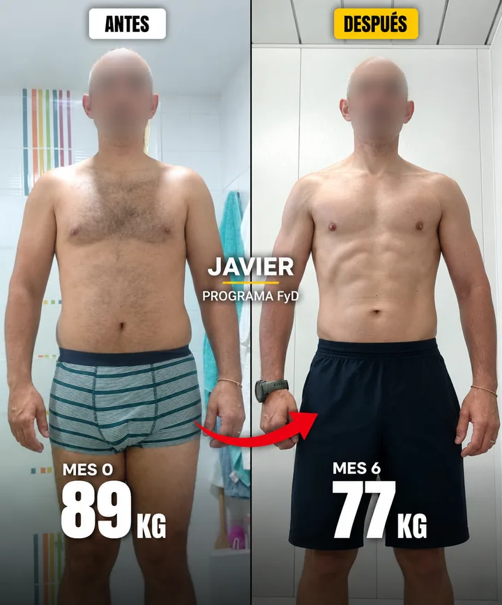 Cambio físico de Javier con el Programa Fuerte y Definido: de 89 kg a 77 kg en 6 meses
