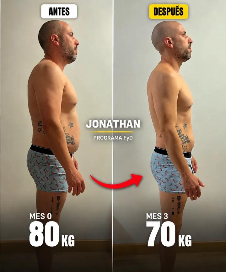 Cambio físico de Jonathan con el Programa Fuerte y Definido: de 80 kg a 70 kg en 3 meses