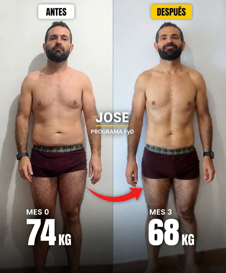Cambio físico de Jose con el Programa Fuerte y Definido: de 74 kg a 68 kg en 3 meses