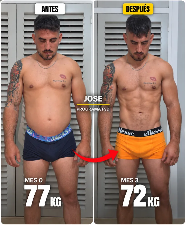 Cambio físico de Jose con el Programa Fuerte y Definido: de 77 kg a 72 kg en 3 meses