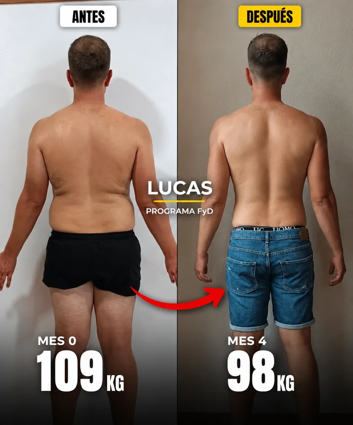 Cambio físico de Lucas con el Programa Fuerte y Definido: de 109 kg a 98 kg en 4 meses