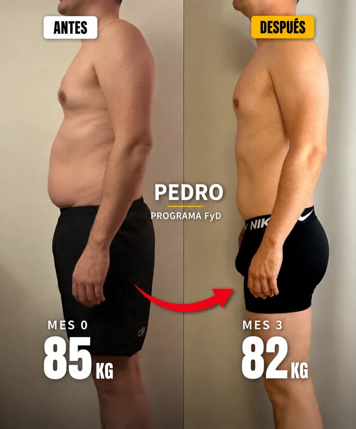 Cambio físico de Pedro con el Programa Fuerte y Definido: de 85 kg a 82 kg en 3 meses