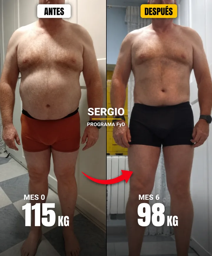 Cambio físico de Sergio con el Programa Fuerte y Definido: de 115 kg a 98 kg en 6 meses